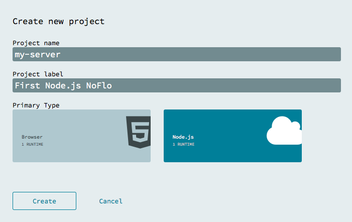 create project dialog with Node.js type selected
